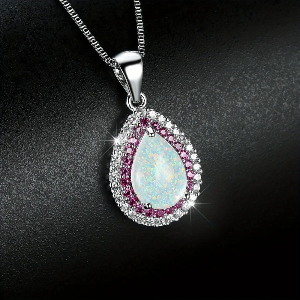Pink & Clear CZ, Pear Cut Opal Necklace